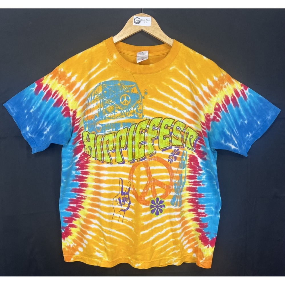 Anvil Hippiefest 2009 Men Women Tie Dye Concert Tour Shirt Peace Bus 60s Style M